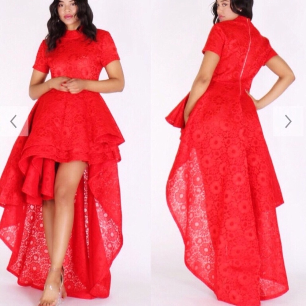 Red Asymmetrical High-Low Lace Dress - Women
